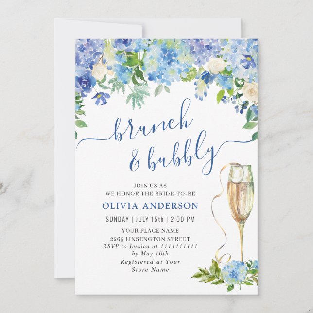 Blue Hydrangea Watercolor Floral Brunch and Bubbly Invitation (Front)