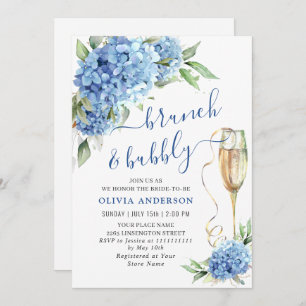 Blue Hydrangea Watercolor Floral Brunch and Bubbly Invitation