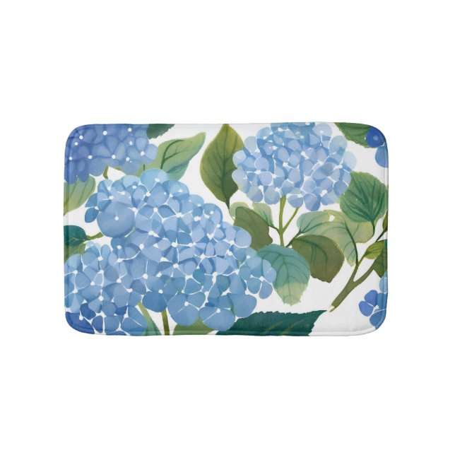 Blue Hydrangea Watercolor Floral Coastal Bath Mat (Front)