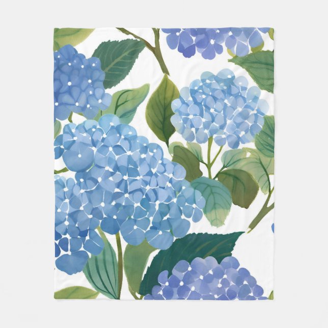 Blue Hydrangea Watercolor Floral Coastal Fleece Blanket (Front)