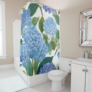 Blue Hydrangea Watercolor Floral Coastal Shower Curtain