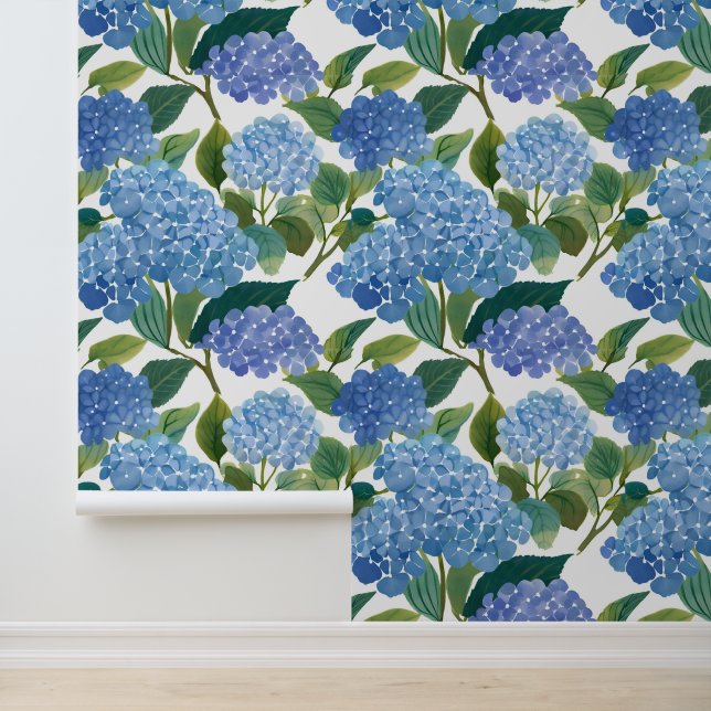 Blue Hydrangea Watercolor Floral Coastal Wallpaper (Application)