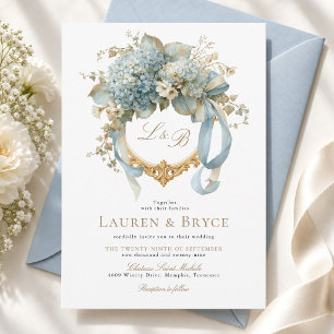 Blue Hydrangea Watercolor Floral Crest Wedding Invitation