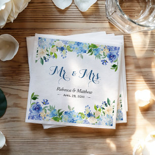 Blue Hydrangea Watercolor Floral Mr & Mrs Wedding Napkin