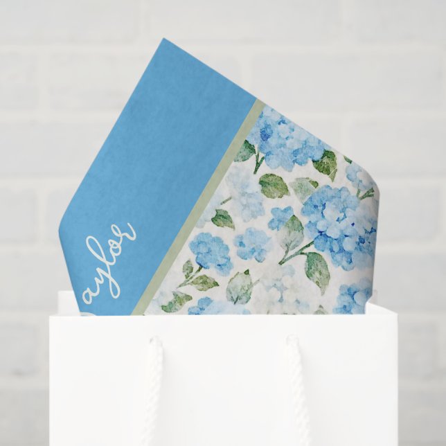 Blue Hydrangea Watercolor Floral Name Tissue Paper (Gift Bag)
