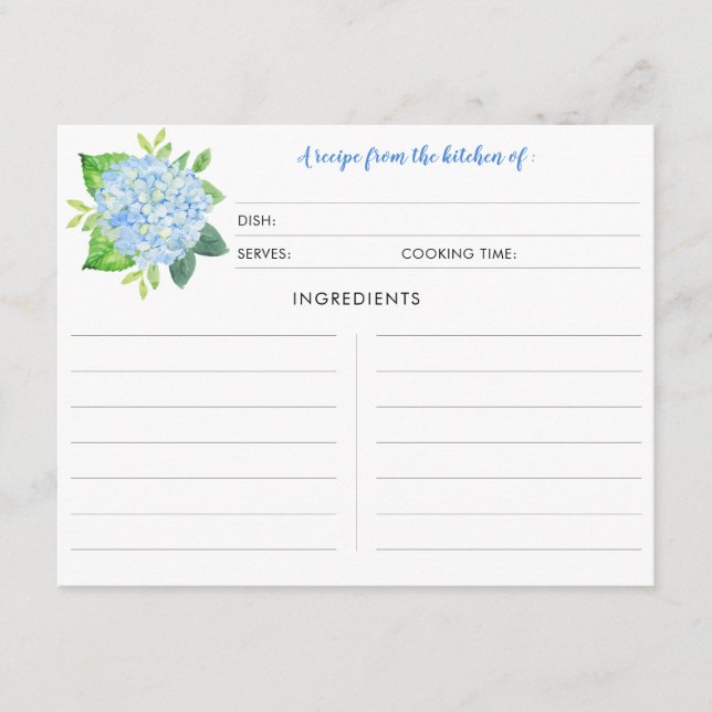Blue Hydrangea Watercolor Floral Recipe Cards (Front)