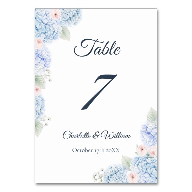 Blue Hydrangea Watercolor Floral Table Number (Front)