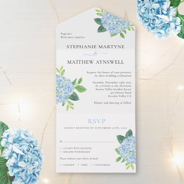 Blue Hydrangea Watercolor Floral Wedding All In One Invitation (Creator Uploaded)