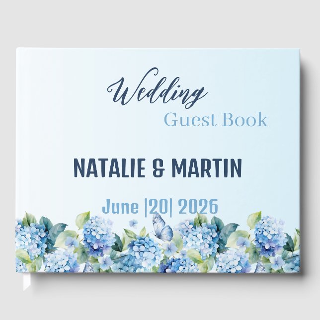 Blue Hydrangea Watercolor Floral Wedding Guest Book (Front)