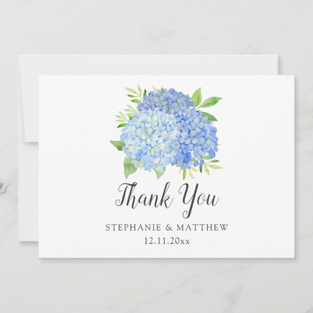 Blue Hydrangea Watercolor Floral Wedding Thank You Card (Front)