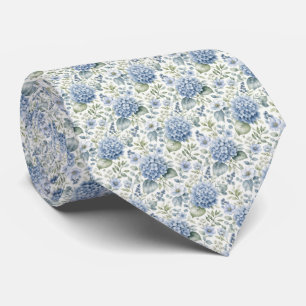 Blue Hydrangea Watercolor Florals Wedding Groom  Tie