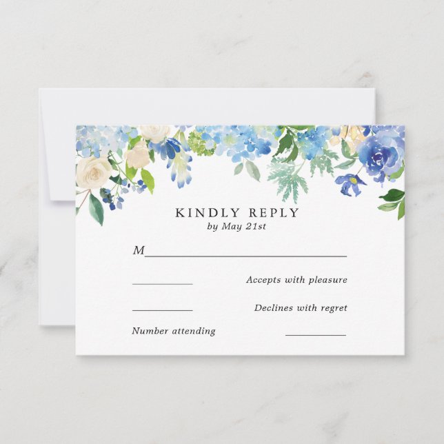 Blue Hydrangea Watercolor FlowerWedding RSVP Card (Front)