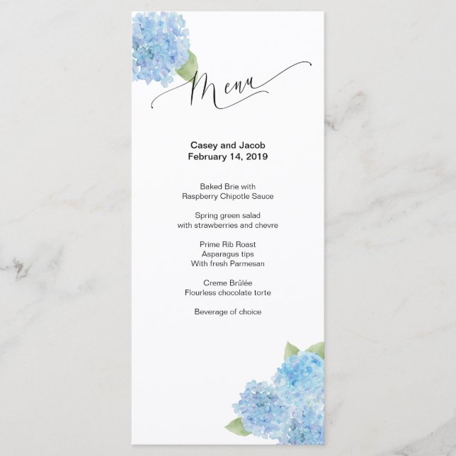 Blue Hydrangea Watercolor Menu (Front)