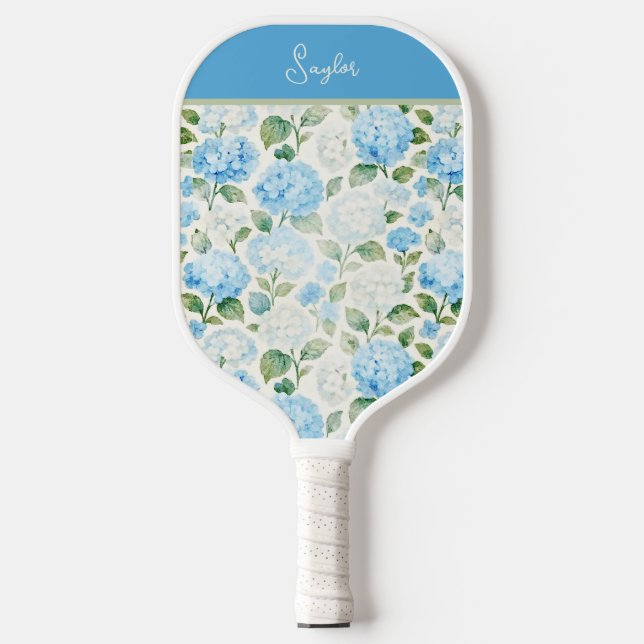 Blue Hydrangea Watercolor Name Pickleball Paddle (Front)