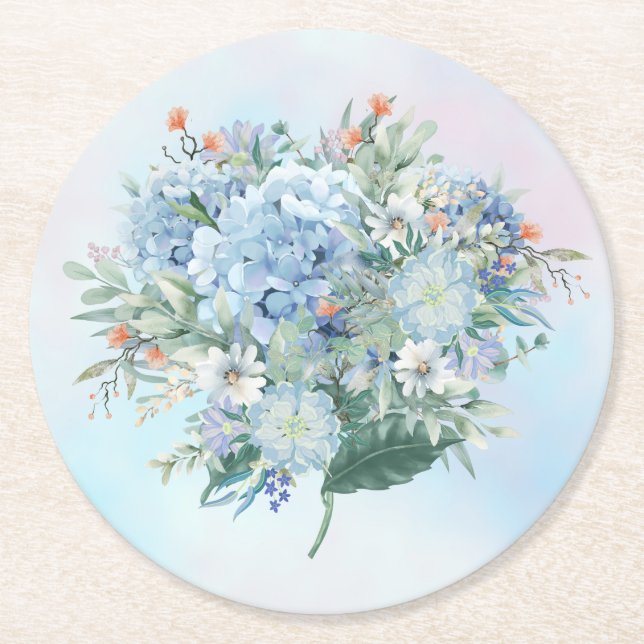 Blue Hydrangea Watercolor Paper Coaster (Front)