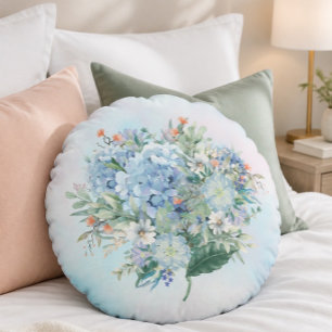 Blue Hydrangea Watercolor Round Pillow