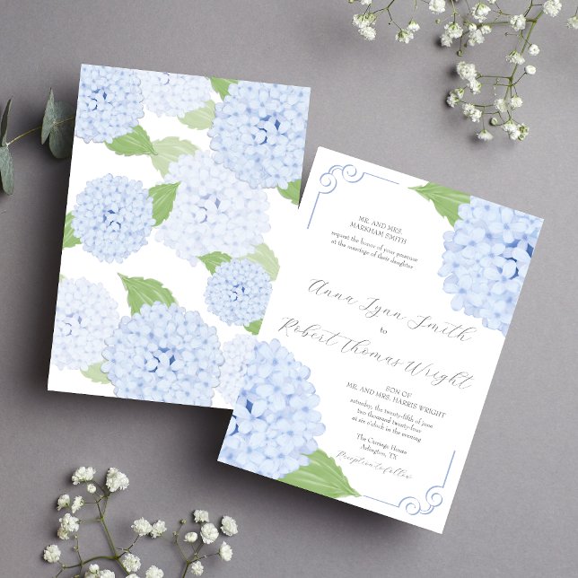 Blue Hydrangea Watercolor Script Wedding Invitation (Creator Uploaded)