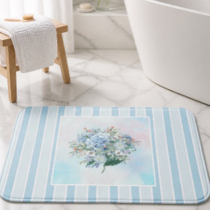 Blue Hydrangea Watercolor Striped Bath Mat