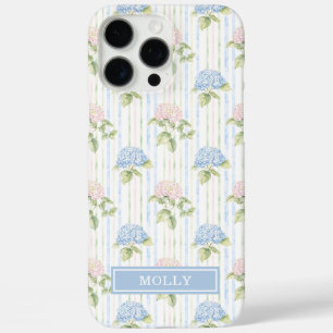 Blue Hydrangea Watercolor Striped Personalised iPhone 16 Pro Max Case