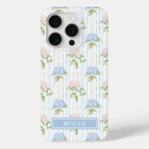 Blue Hydrangea Watercolor Striped Personalised iPhone 15 Pro Case