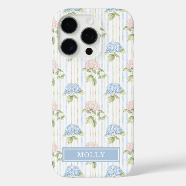Blue Hydrangea Watercolor Striped Personalised  Case-Mate iPhone Case (Back)
