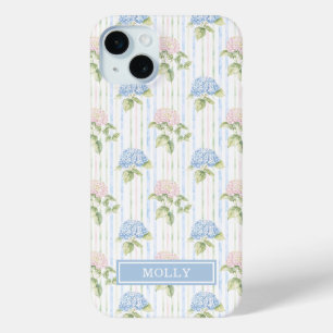 Blue Hydrangea Watercolor Striped Personalised iPhone 15 Mini Case