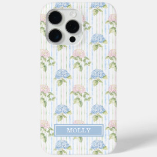 Blue Hydrangea Watercolor Striped Personalised iPhone 15 Pro Max Case