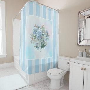 Blue Hydrangea Watercolor Striped Shower Curtain