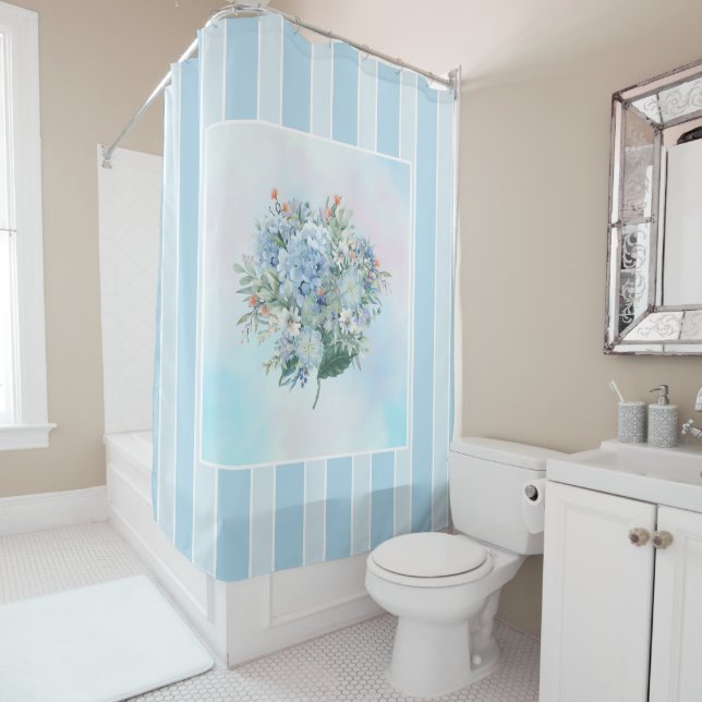 Blue Hydrangea Watercolor Striped Shower Curtain (In Situ)
