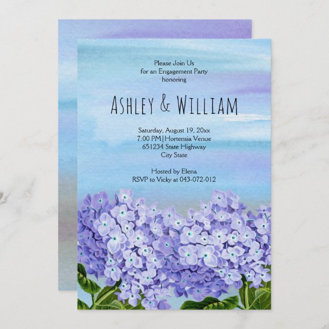 Blue hydrangea watercolor wedding engagement party invitation (Front/Back)