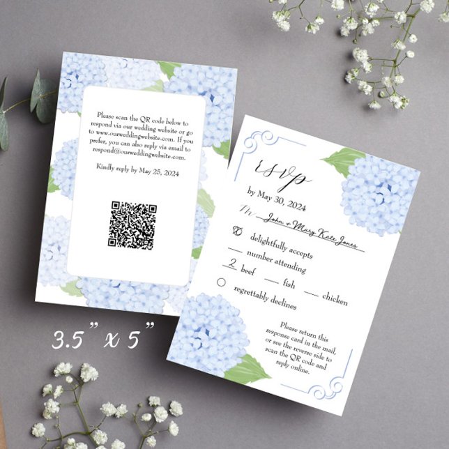 Blue Hydrangea Watercolor Wedding RSVP w/QR Code Card (RSVP card with QR code and entree choices)