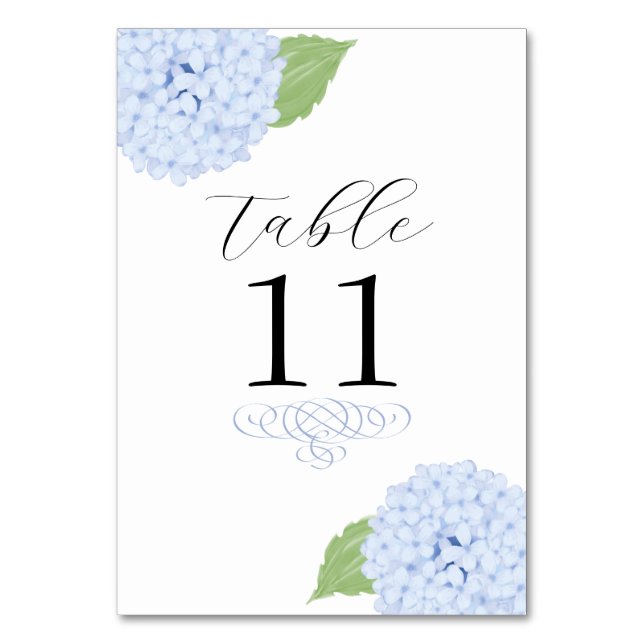 Blue Hydrangea Watercolor Wedding Table Number (Front)