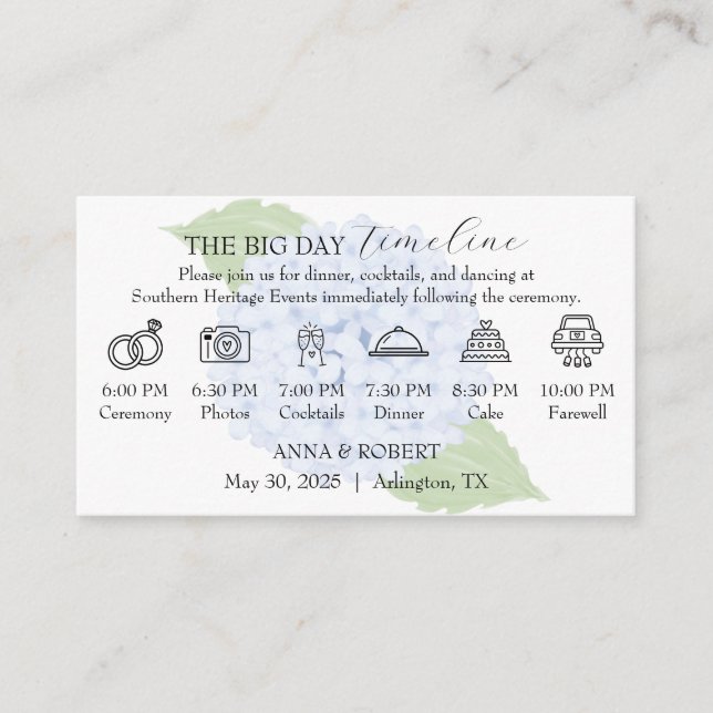 Blue Hydrangea Watercolor Wedding Timeline Enclosure Card (Front)