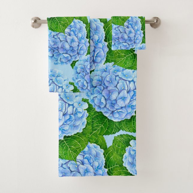 Blue hydrangea waterolor pattern bath towel set (Insitu)