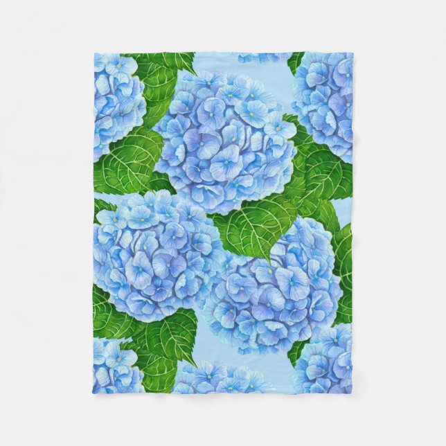 Blue hydrangea waterolor pattern fleece blanket (Front)