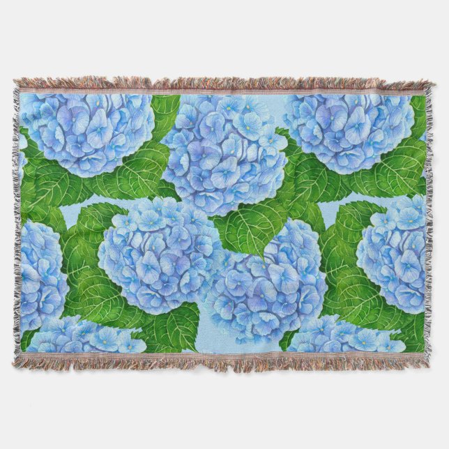 Blue hydrangea waterolor pattern throw blanket (Front)