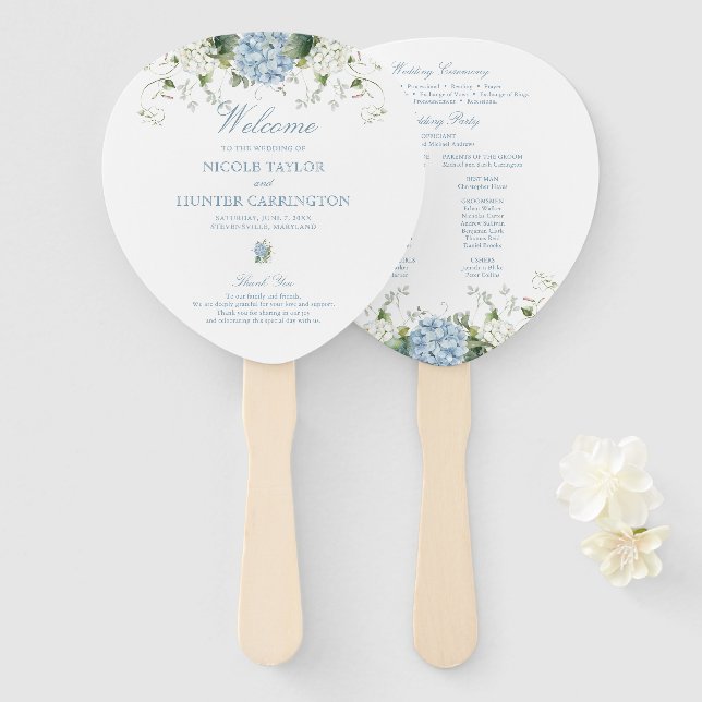 Blue Hydrangea Wedding Ceremony Program Hand Fan (Front and Back)