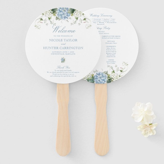 Blue Hydrangea Wedding Ceremony Program Hand Fan (Creator Uploaded)