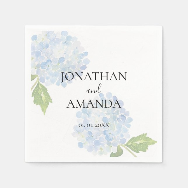 Blue Hydrangea Wedding Cocktail Napkin (Front)