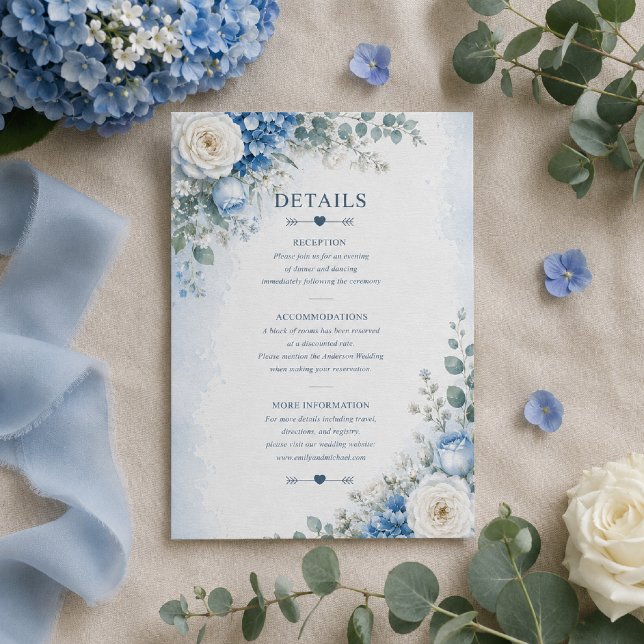 Blue Hydrangea Wedding Details Card (Elegant Details Card with soft blue hydrangea watercolor florals.)