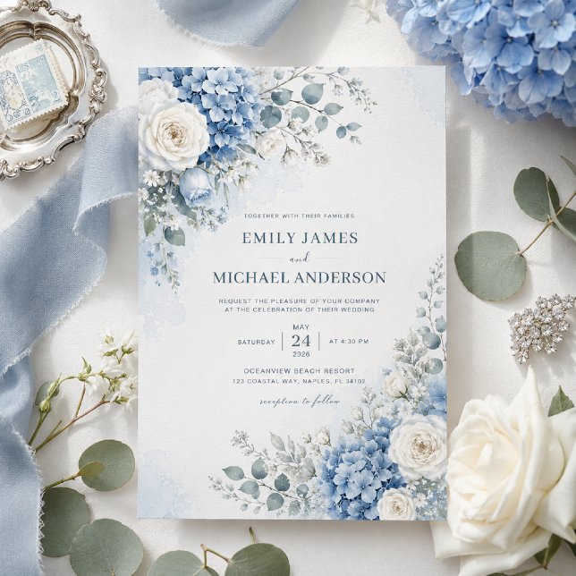 Blue Hydrangea Wedding Invitation (Elegant blue hydrangea invitation styled with timeless coastal wedding details.)