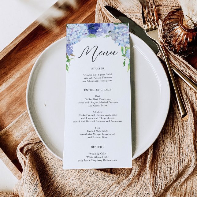 Blue Hydrangea Wedding or Bridal Shower Menu  Invitation (Creator Uploaded)