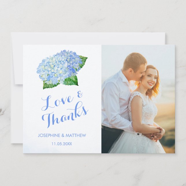 Blue Hydrangea Wedding Photo Thank You Card (Front)