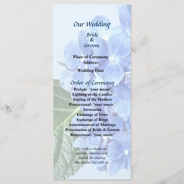 Blue Hydrangea Wedding Program Programme (Front)