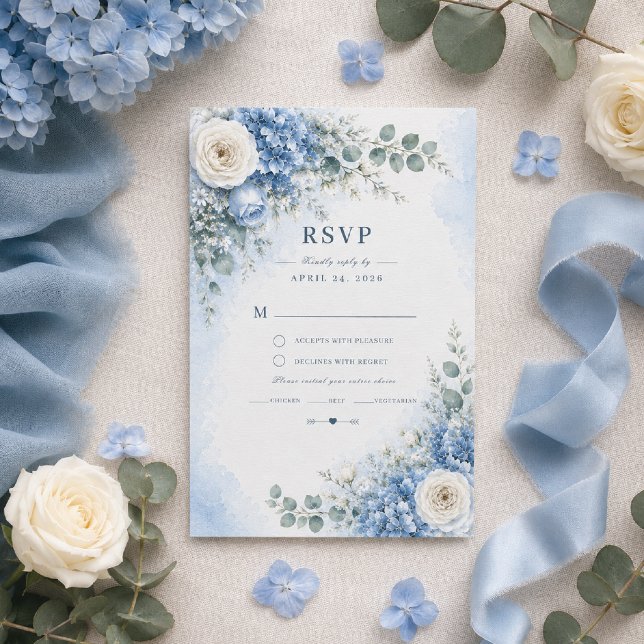 Blue Hydrangea Wedding RSVP Card (Elegant RSVP card with timeless blue hydrangea watercolor florals.)