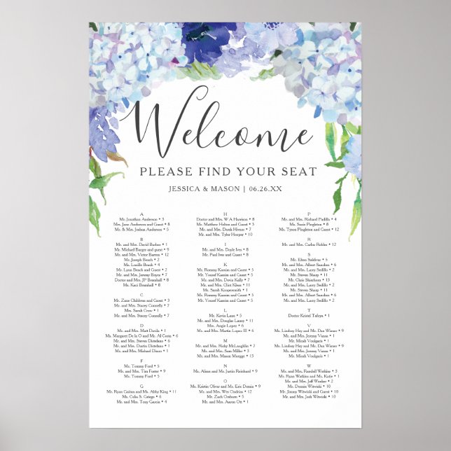 Blue Hydrangea Wedding Seating Chart Sign (Front)