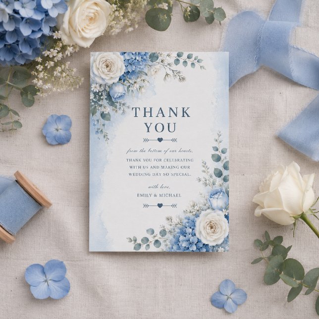 Blue Hydrangea Wedding Thank You Card (Elegant Thank You Card with timeless blue hydrangea watercolor florals.)