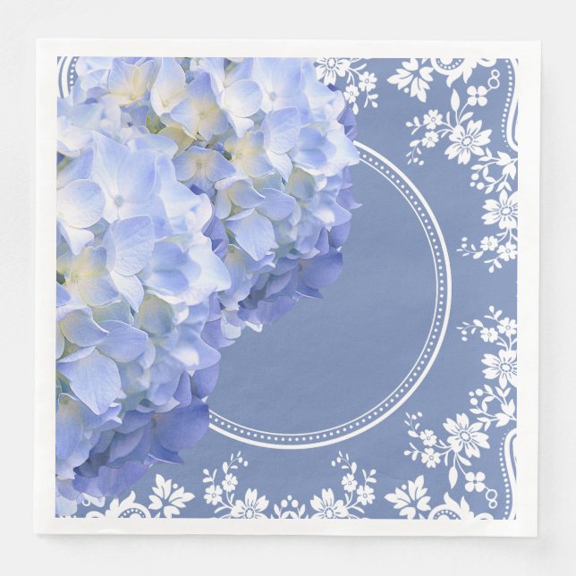 Blue Hydrangea White Lace Party Wedding Reception Napkin (Front)