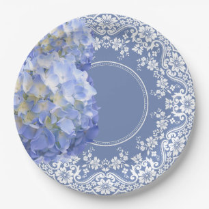 Blue Hydrangea White Lace Party Wedding Reception Paper Plate