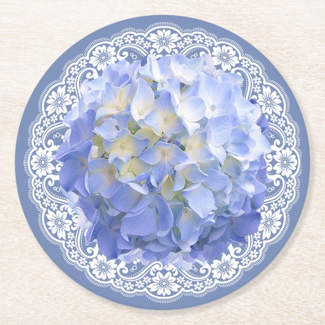 Blue Hydrangea White Lace Party Wedding Reception Round Paper Coaster (Front)